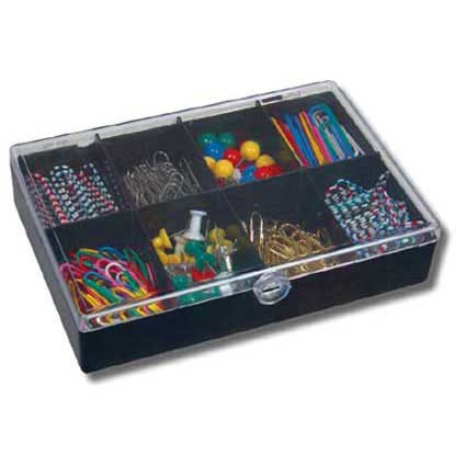 Plastikbox mit Büroutensilien